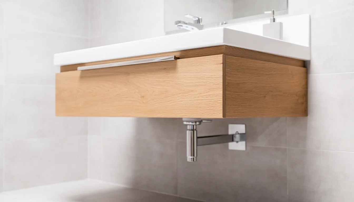 Floating bathroom vanity with brushed brass hardware