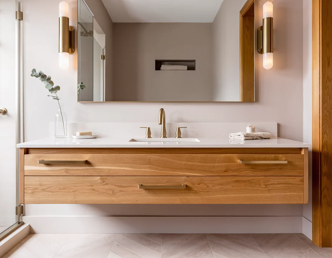 Custom floating bathroom vanity with warm wood finish and brass hardware