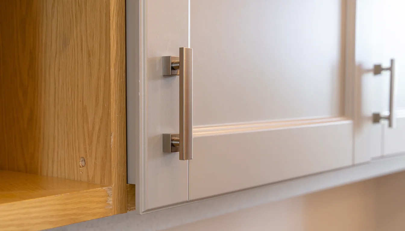 Cabinet door front and hardware detail after refacing