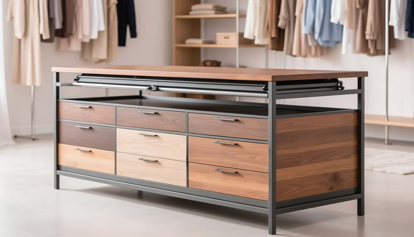 Custom closet island with drawer storage and folding surface