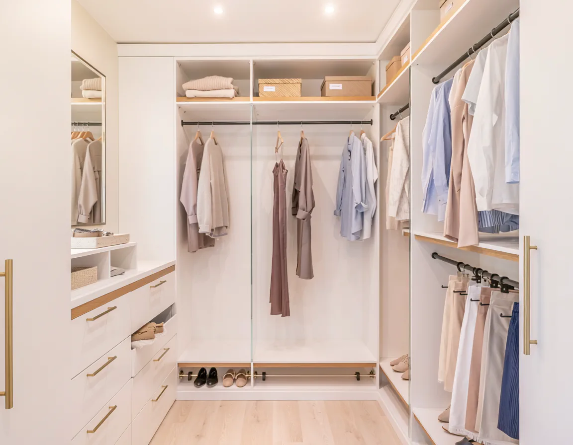 Custom walk-in closet with zoned hanging, shelving, and an island